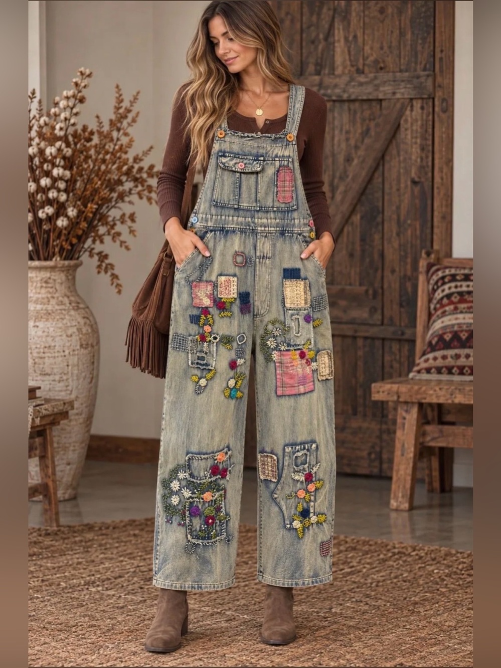 Blue Velvet Boho Embroidered Patchwork Denim Overalls - Size XL